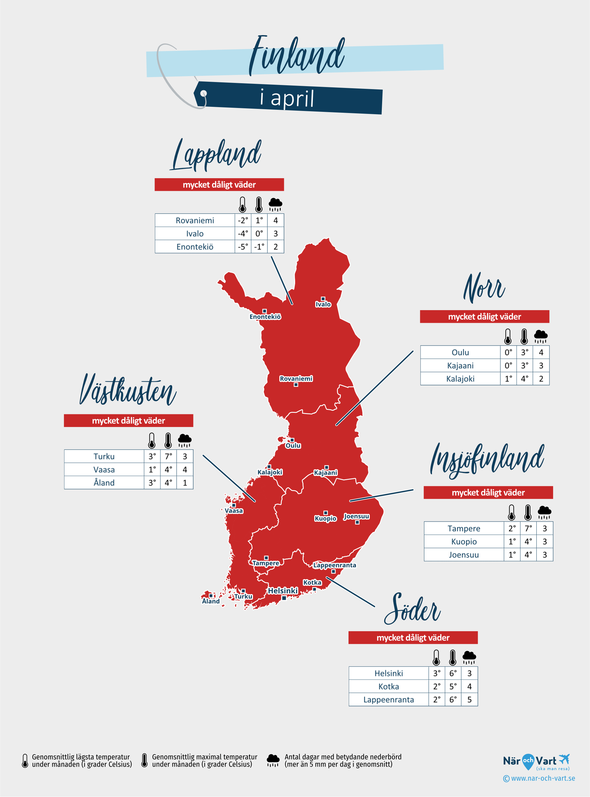 Finland: väderkarta i april i olika regioner