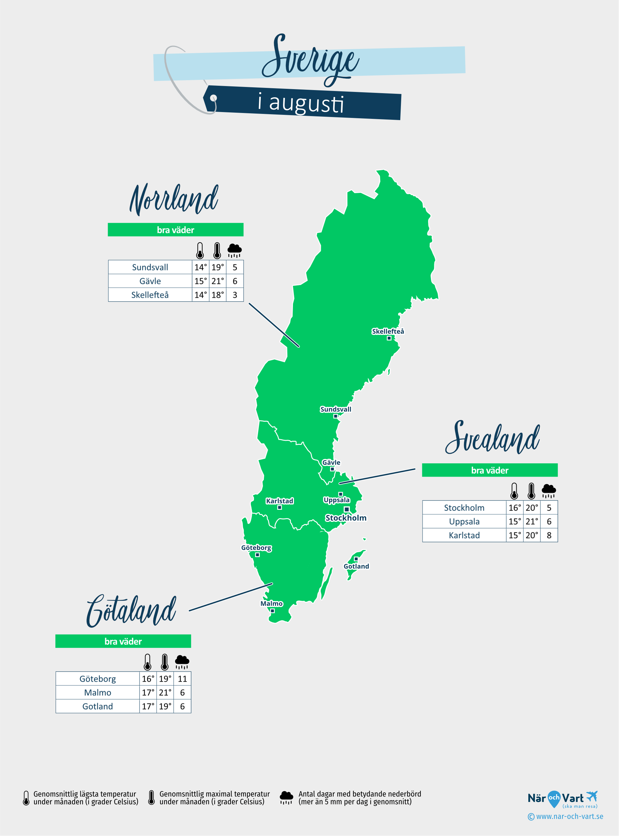Sverige: väderkarta i augusti i olika regioner