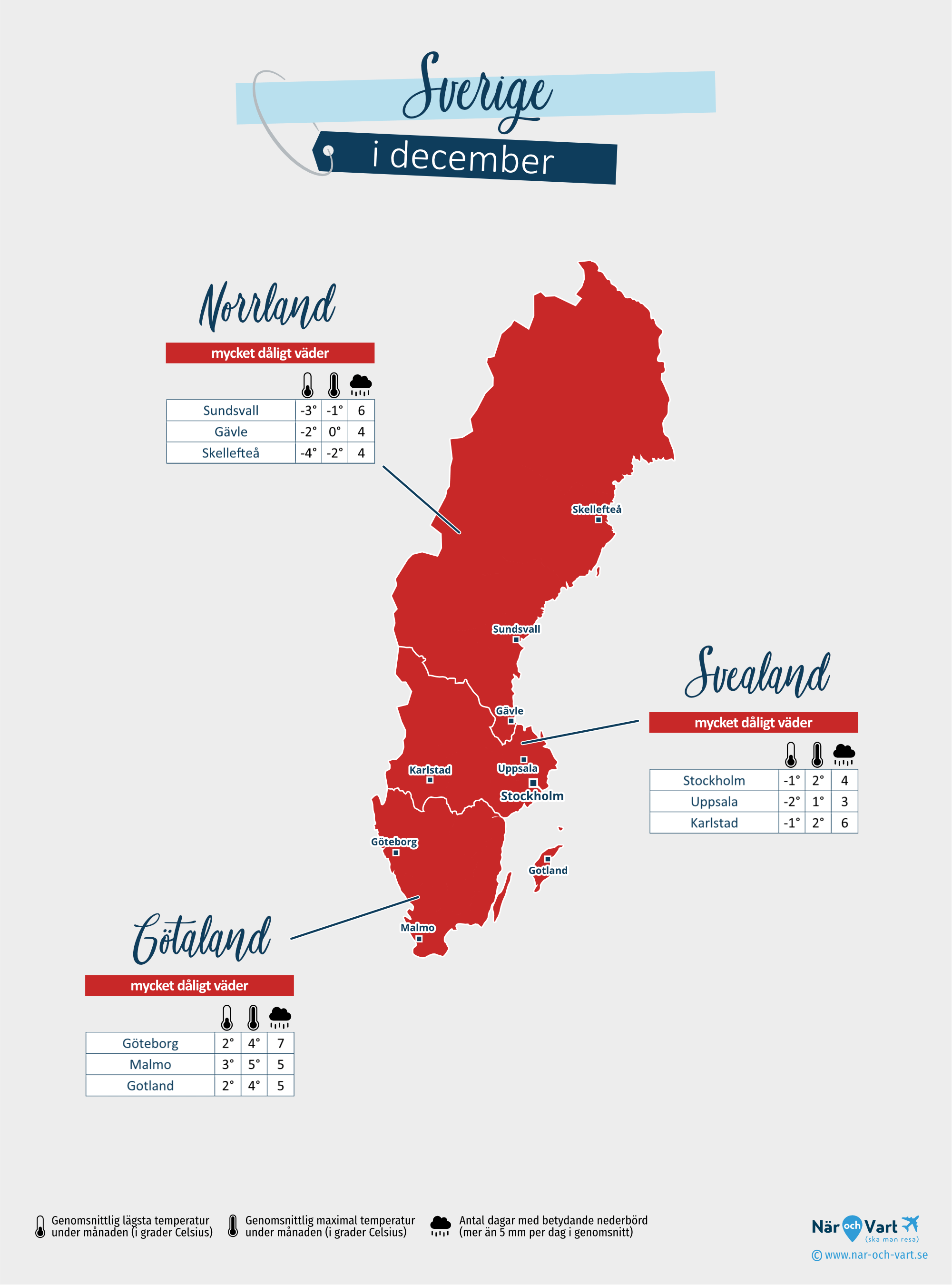 Sverige: väderkarta i december i olika regioner