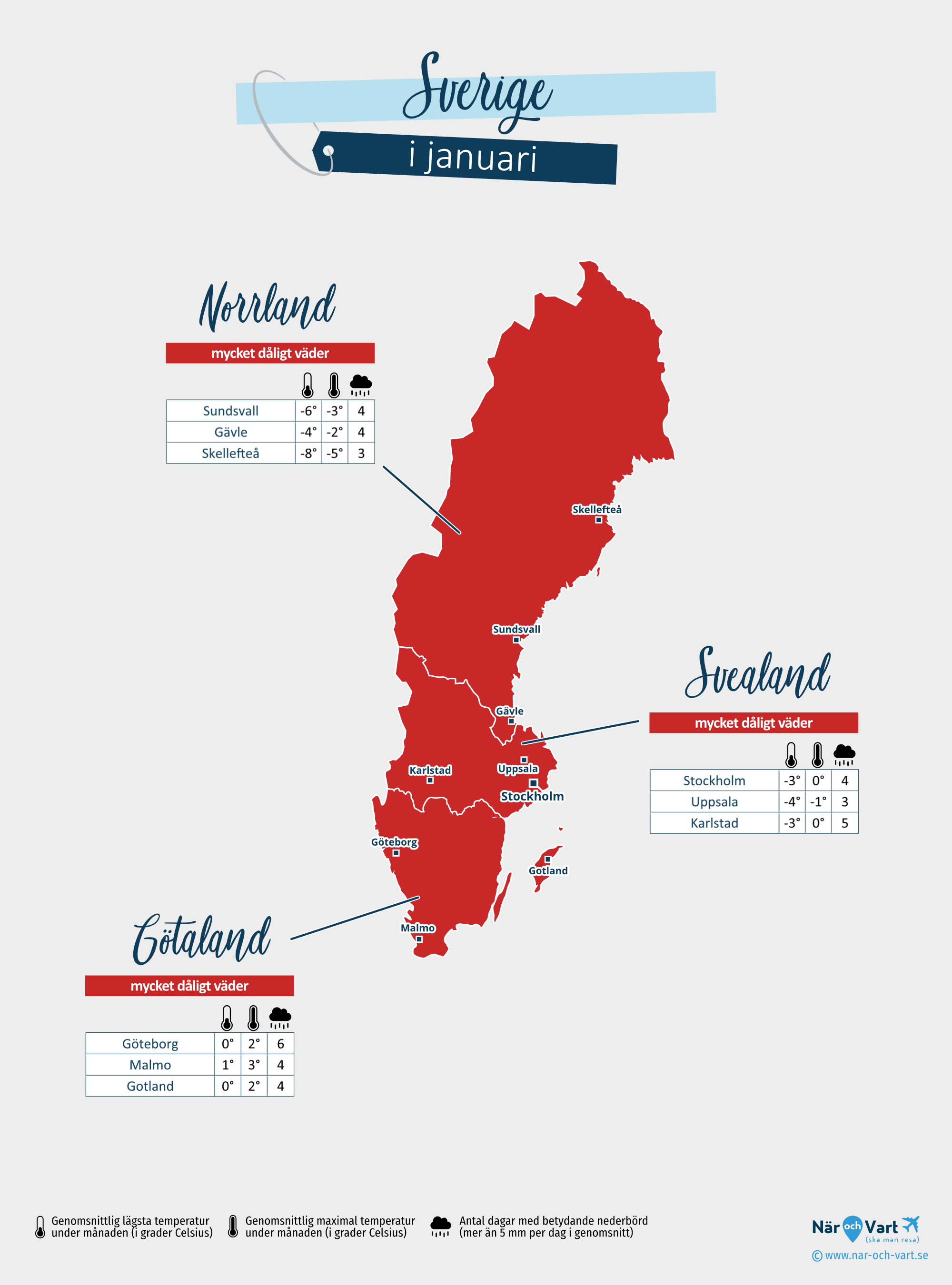 Sverige: väderkarta i januari i olika regioner