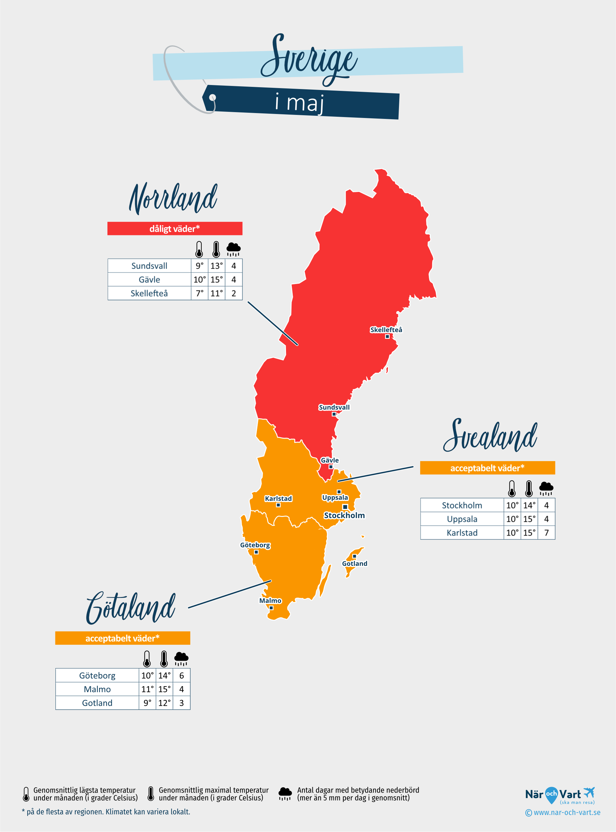 Sverige: väderkarta i maj i olika regioner