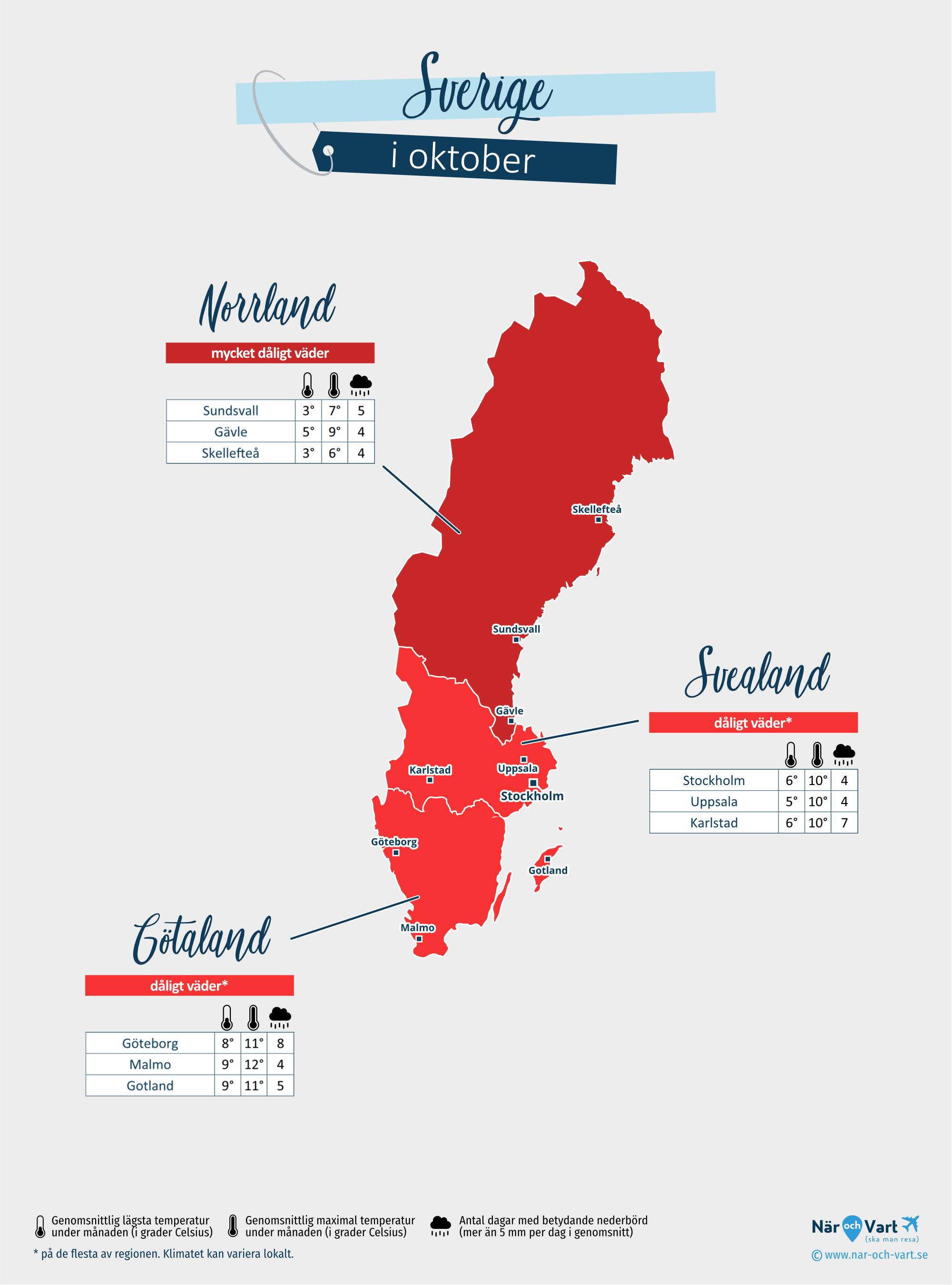 Sverige: väderkarta i oktober i olika regioner