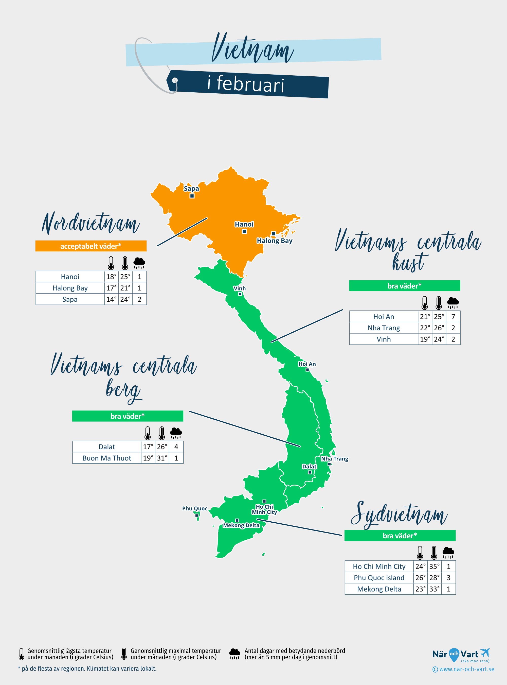 Vietnam: väderkarta i februari i olika regioner